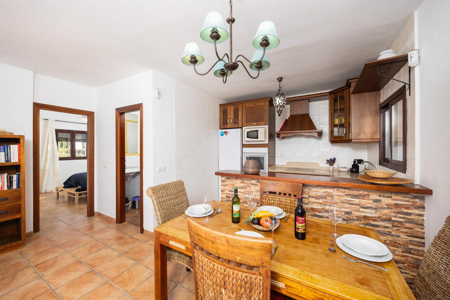 Open-plan living room with sofa, dining area, kitchen, ornamental fireplace, A/C, WiFi internet, and satellite TV