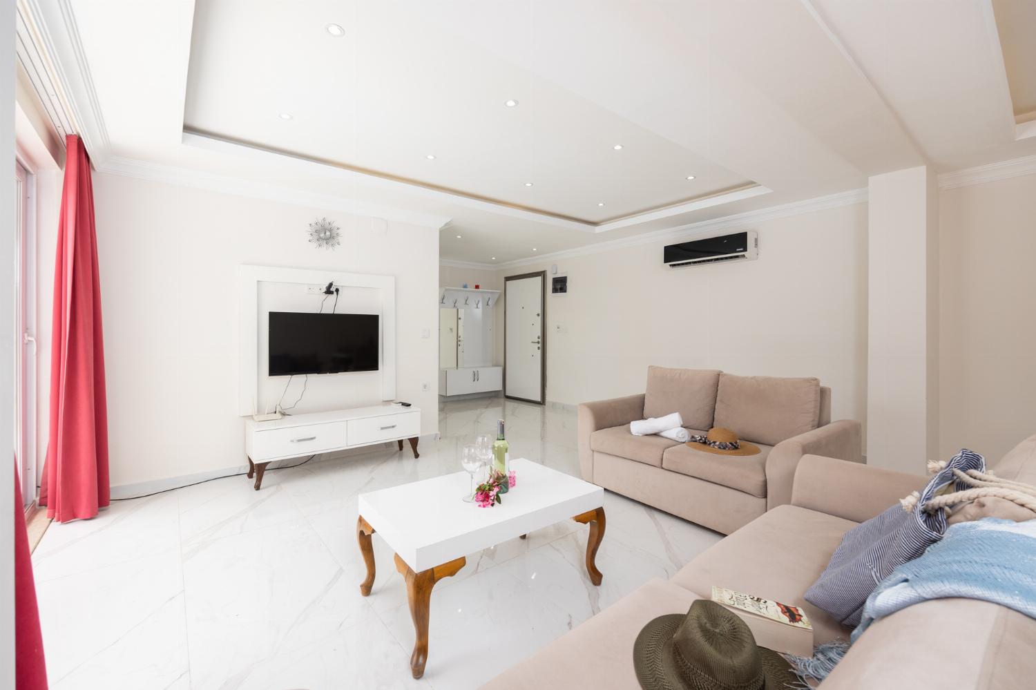 Living room with sofas, dining area, A/C, WiFi internet, and satellite TV