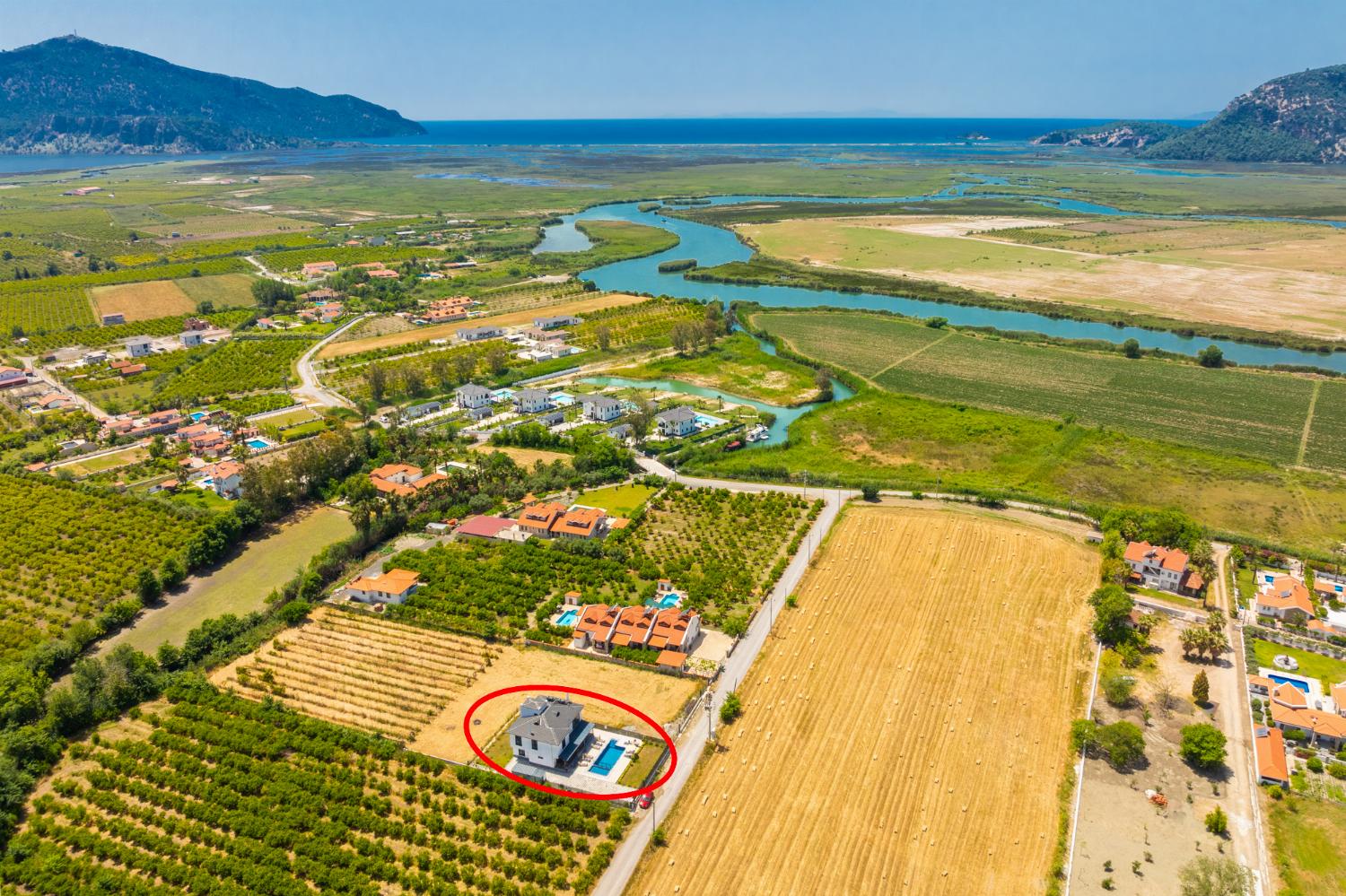 Aerial view showing location of villa