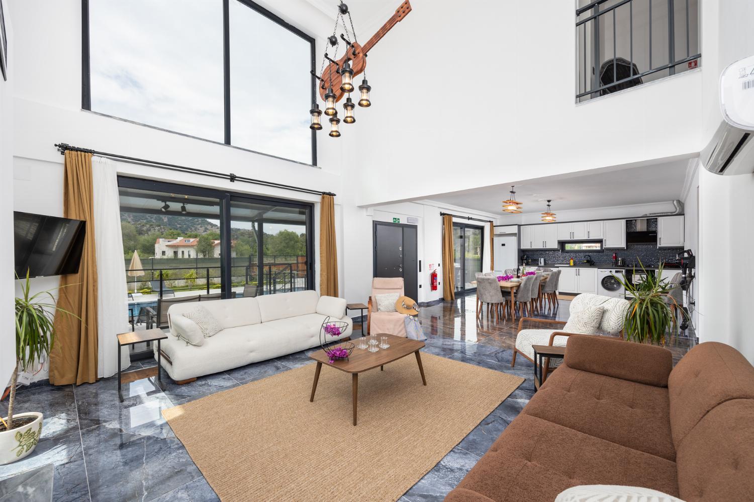 Open-plan living room with sofas, dining area, kitchen, ornamental fireplace, A/C, WiFi internet, and satellite TV