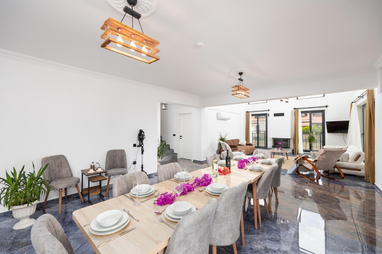 Open-plan living room with sofas, dining area, kitchen, ornamental fireplace, A/C, WiFi internet, and satellite TV