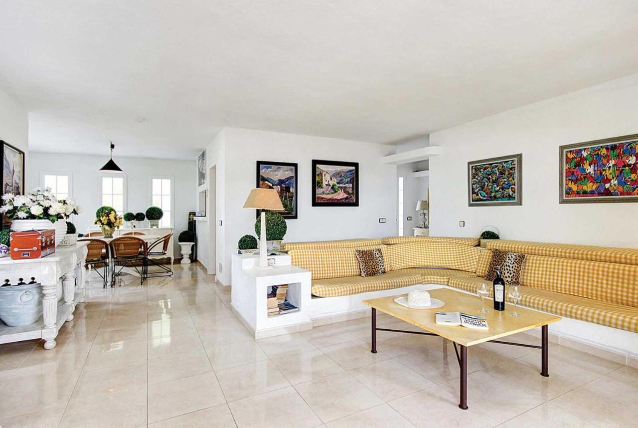 Open-plan living room with sofas, ornamental fireplace, dining area, kitchen, A/C, WiFi internet, satellite TV, DVD player, and pool terrace access