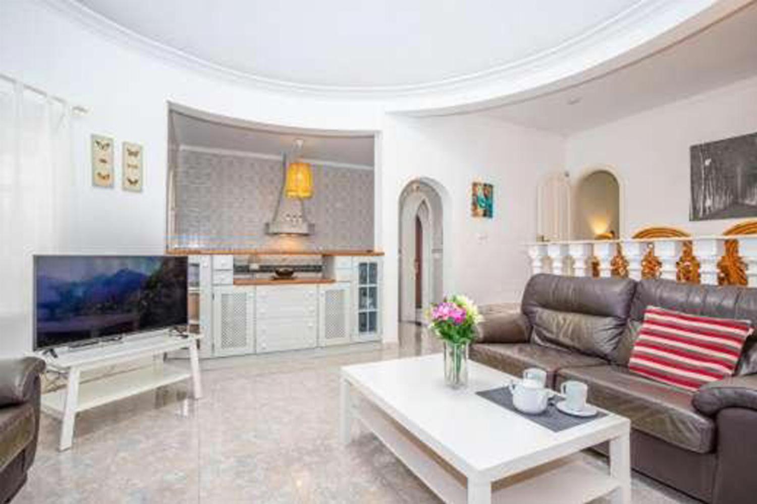 Open-plan living room with sofa, dining area, kitchen, WiFi internet, satellite TV, and sea views