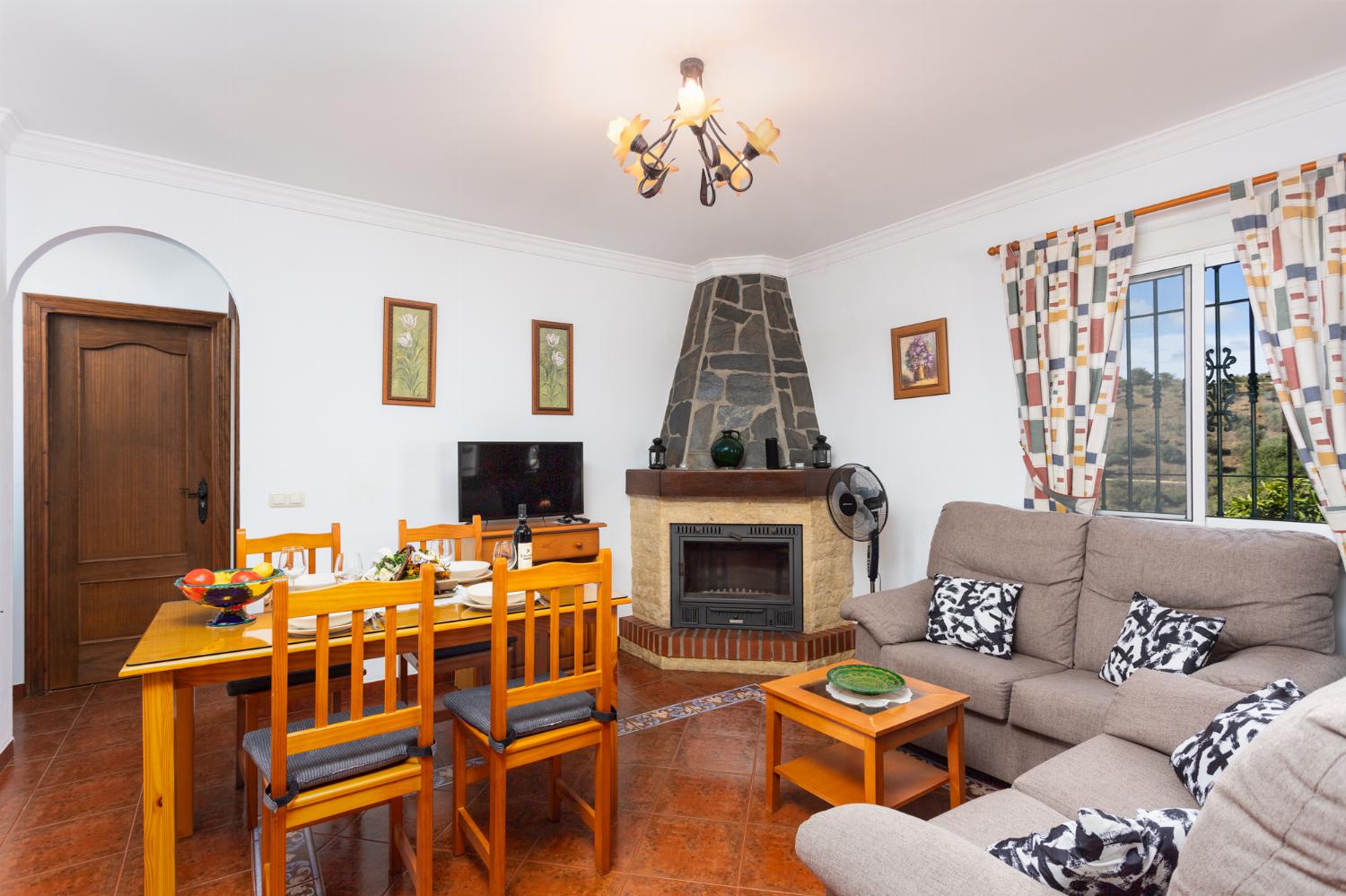 Open-plan living room with sofas, dining area, kitchen, ornamental fireplace, WiFi internet, and satellite TV