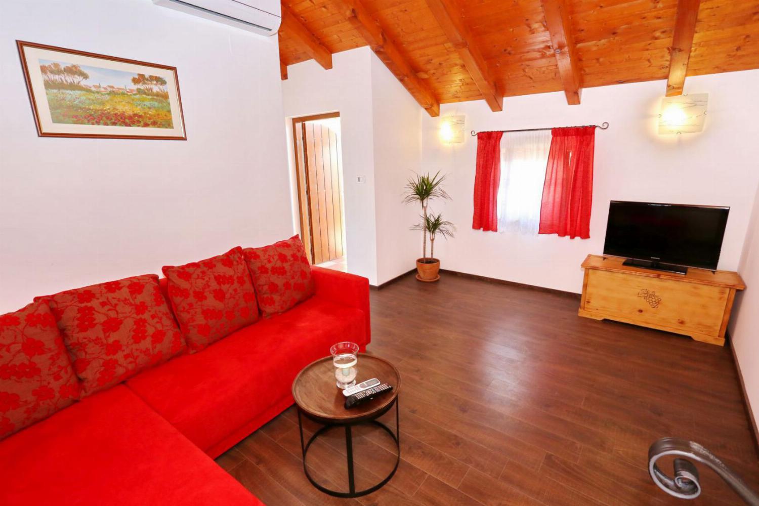 Open-plan living room with TV and comfortable sofas