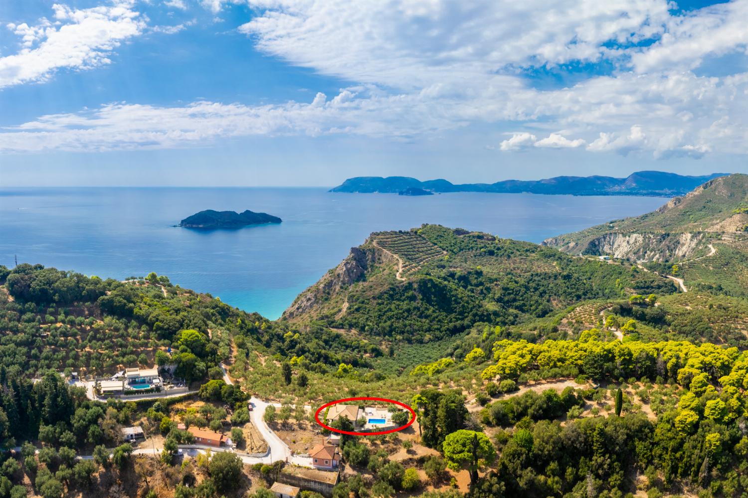 Aerial view showing location of villa