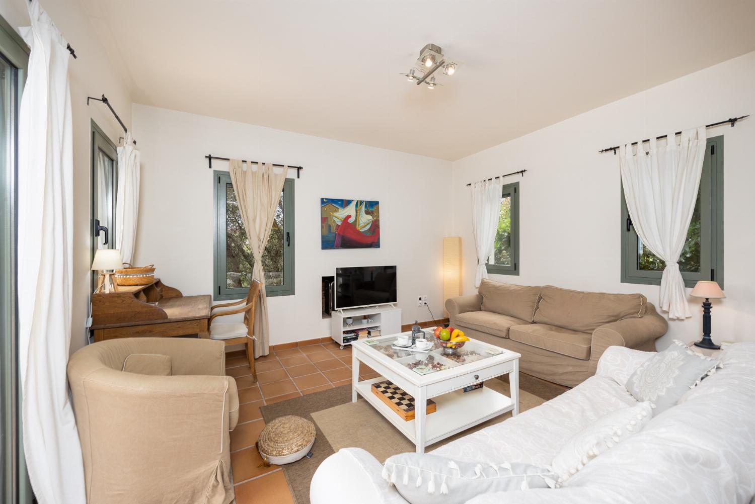 Open-plan living room with sofas, dining area, kitchen, A/C, WiFi internet, and satellite TV