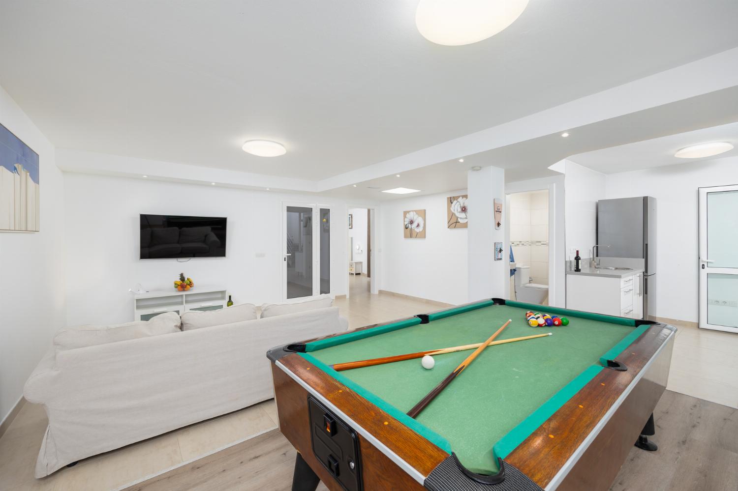 Living area with sofa, kitchenette, pool table, WiFi internet, and satellite TV