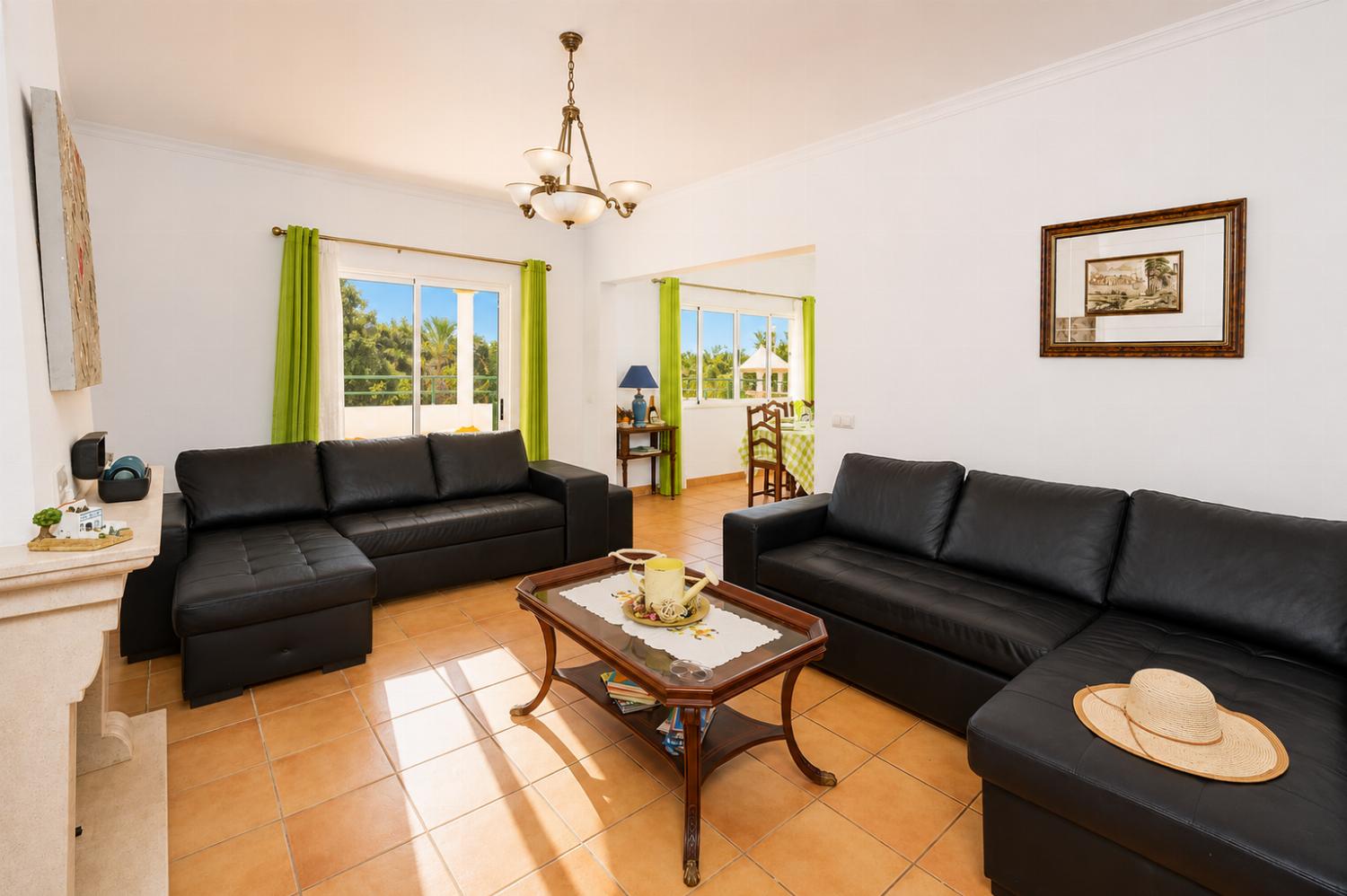 Living room with sofas, ornamental fireplace, A/C, WiFi internet, and satellite TV