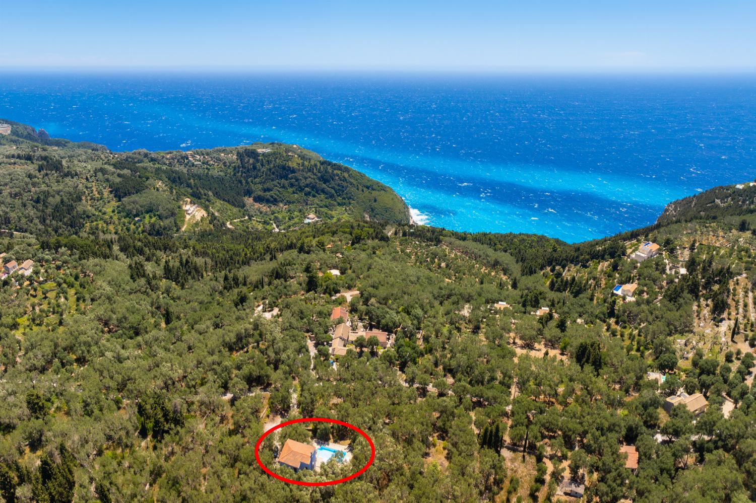 Aerial view showing location of villa