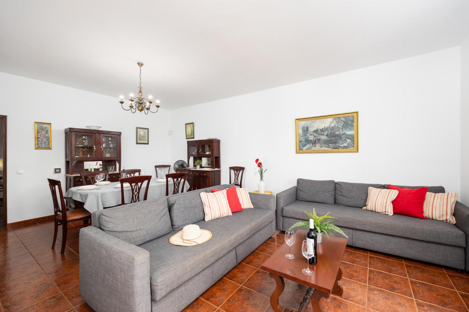 Living room with sofas, dining area, WiFi internet, and satellite TV