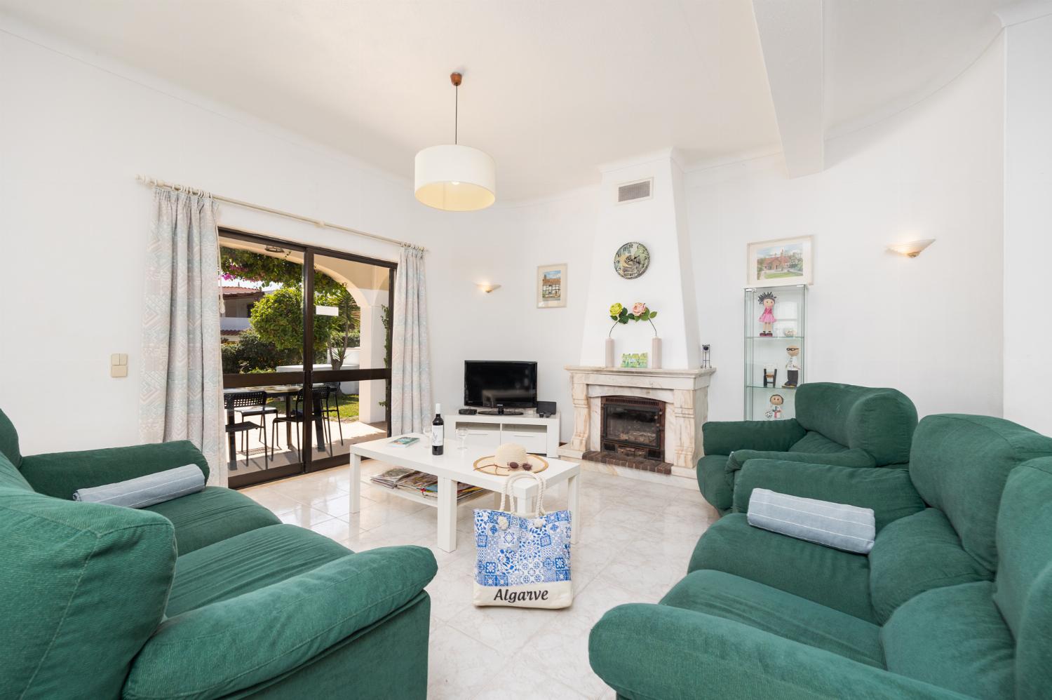 Living room with sofas, dining area, ornamental fireplace, WiFi internet, and satellite TV