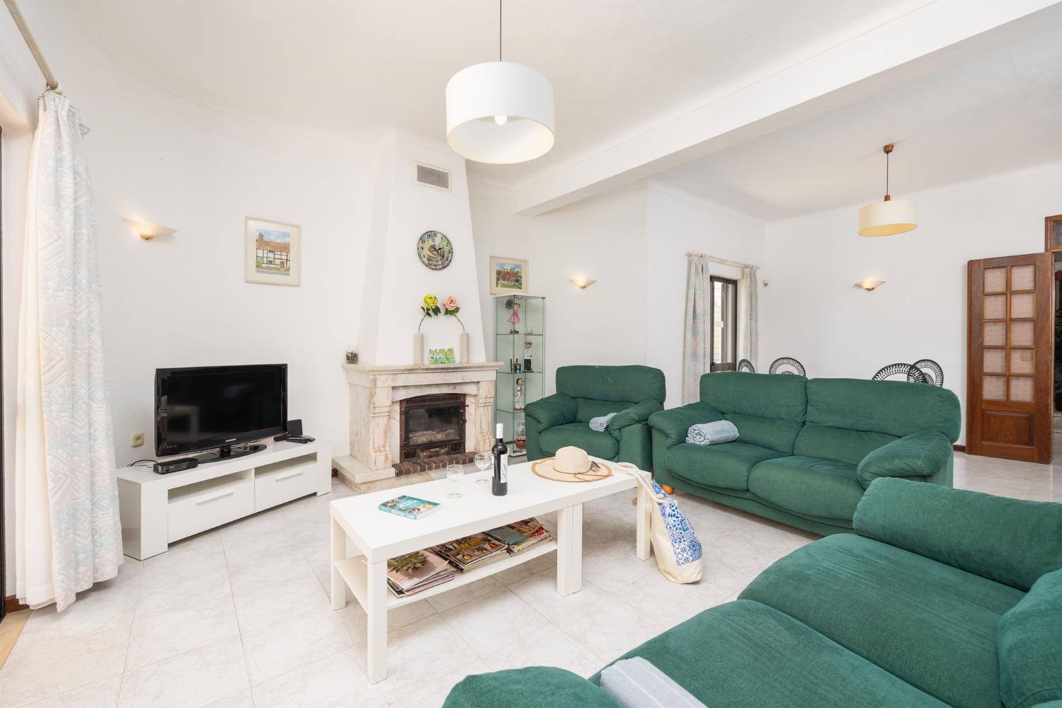 Living room with sofas, dining area, ornamental fireplace, WiFi internet, and satellite TV