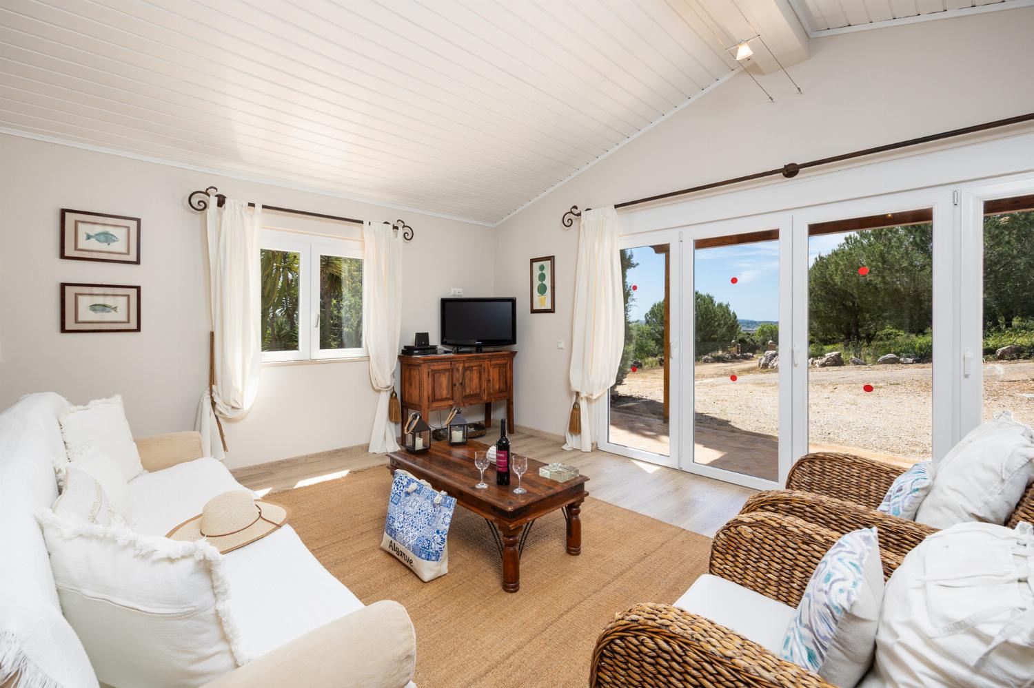 Open-plan living room with sofa, dining area, kitchen, A/C, WiFi internet, and satellite TV