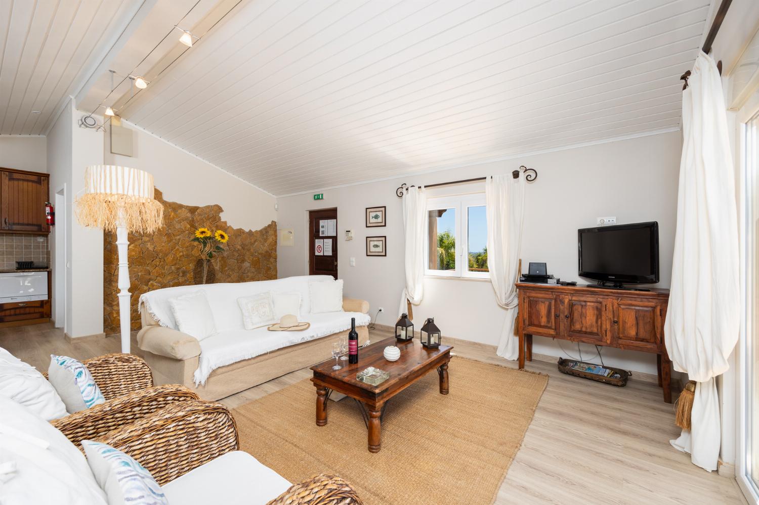 Open-plan living room with sofa, dining area, kitchen, A/C, WiFi internet, and satellite TV