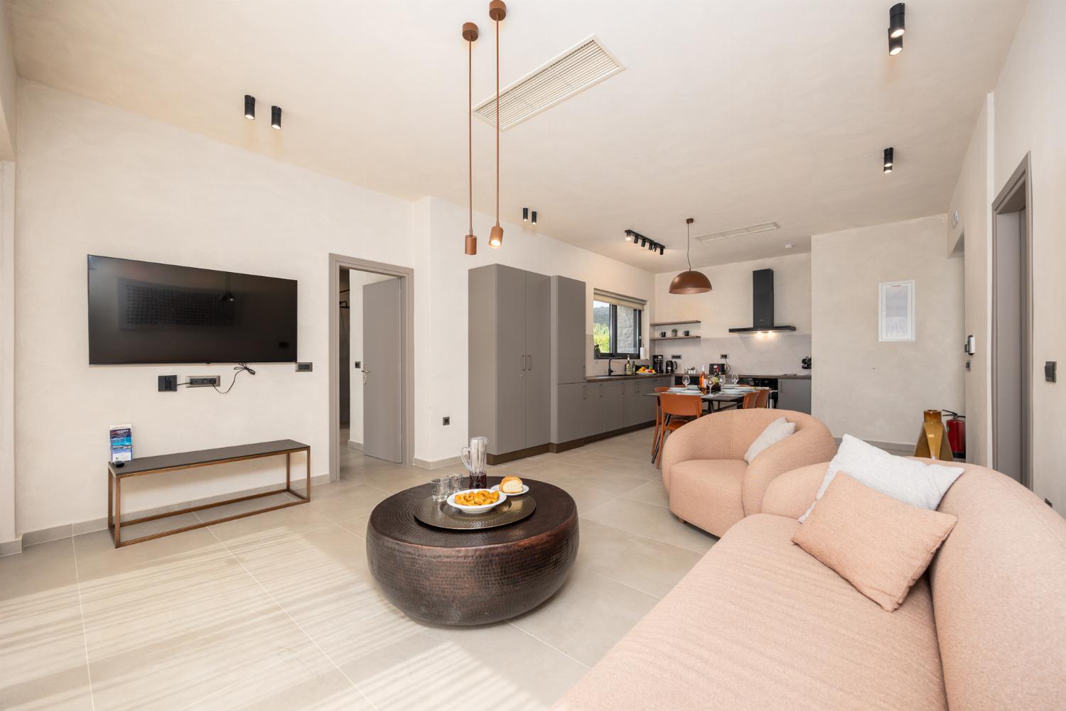 Open-plan living room with sofa, dining area, kitchen, A/C, WiFi internet, and satellite TV