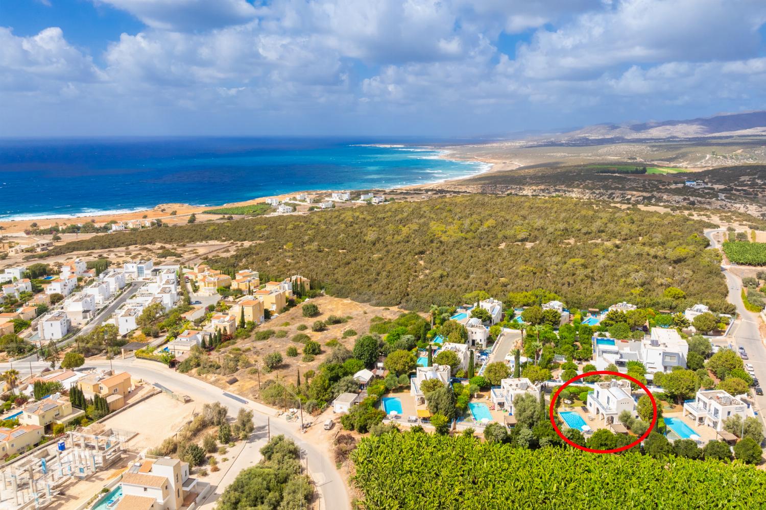 Aerial view showing location of villa