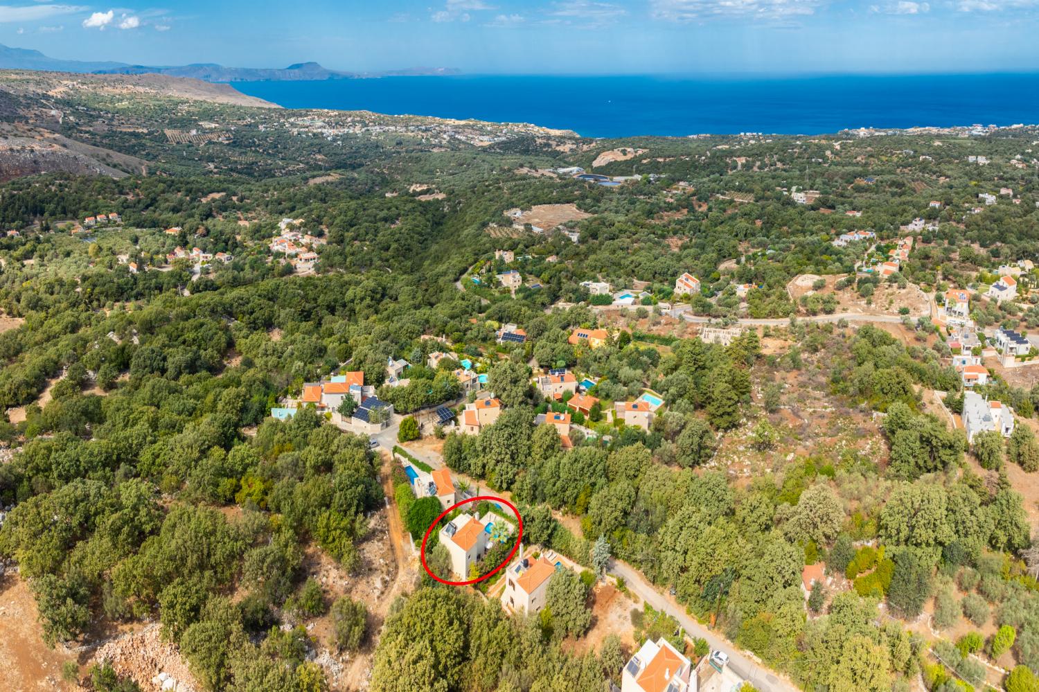 Aerial view showing location of villa