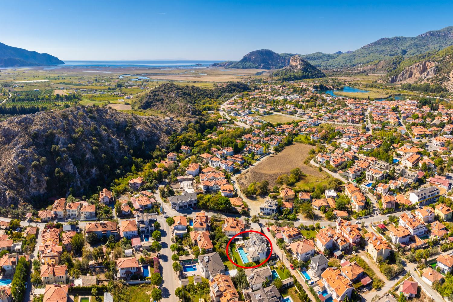 Aerial view showing location of villa