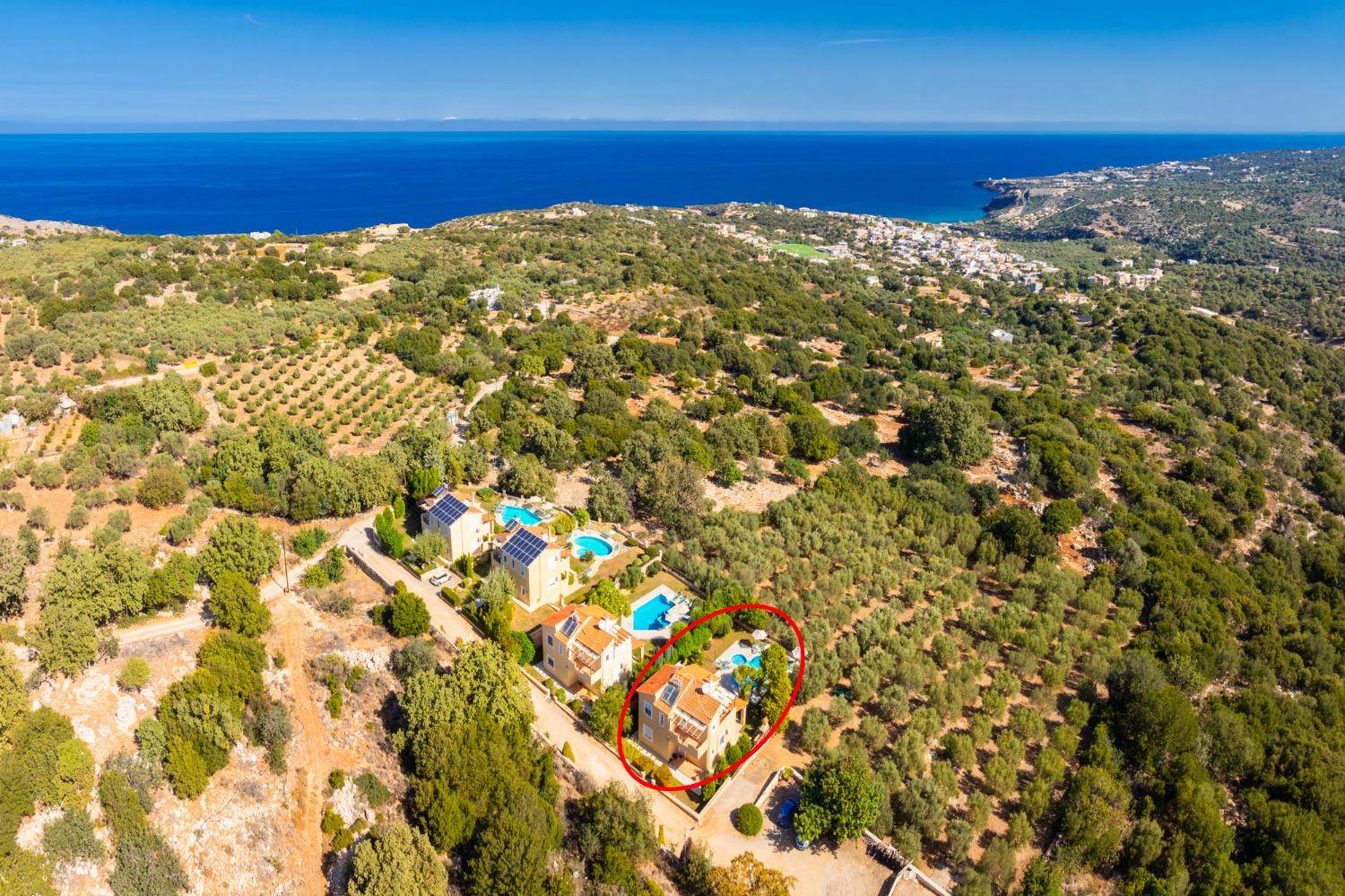 Aerial view showing location of villa