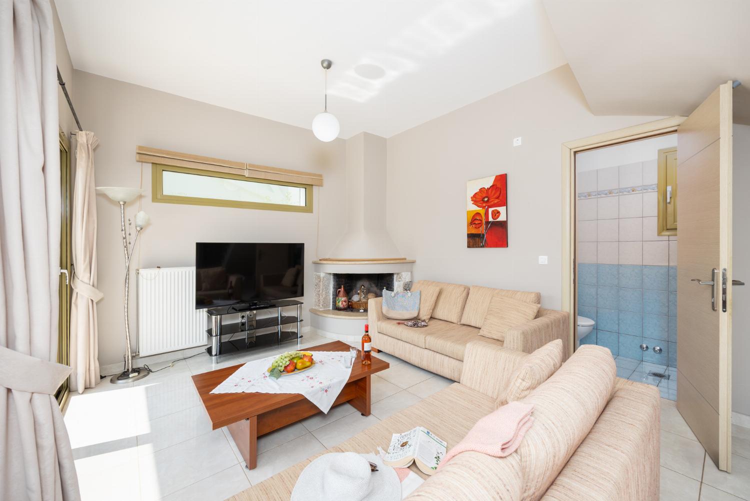 Living room with sofas, dining area, ornamental fireplace, A/C, WiFi internet, and satellite TV
