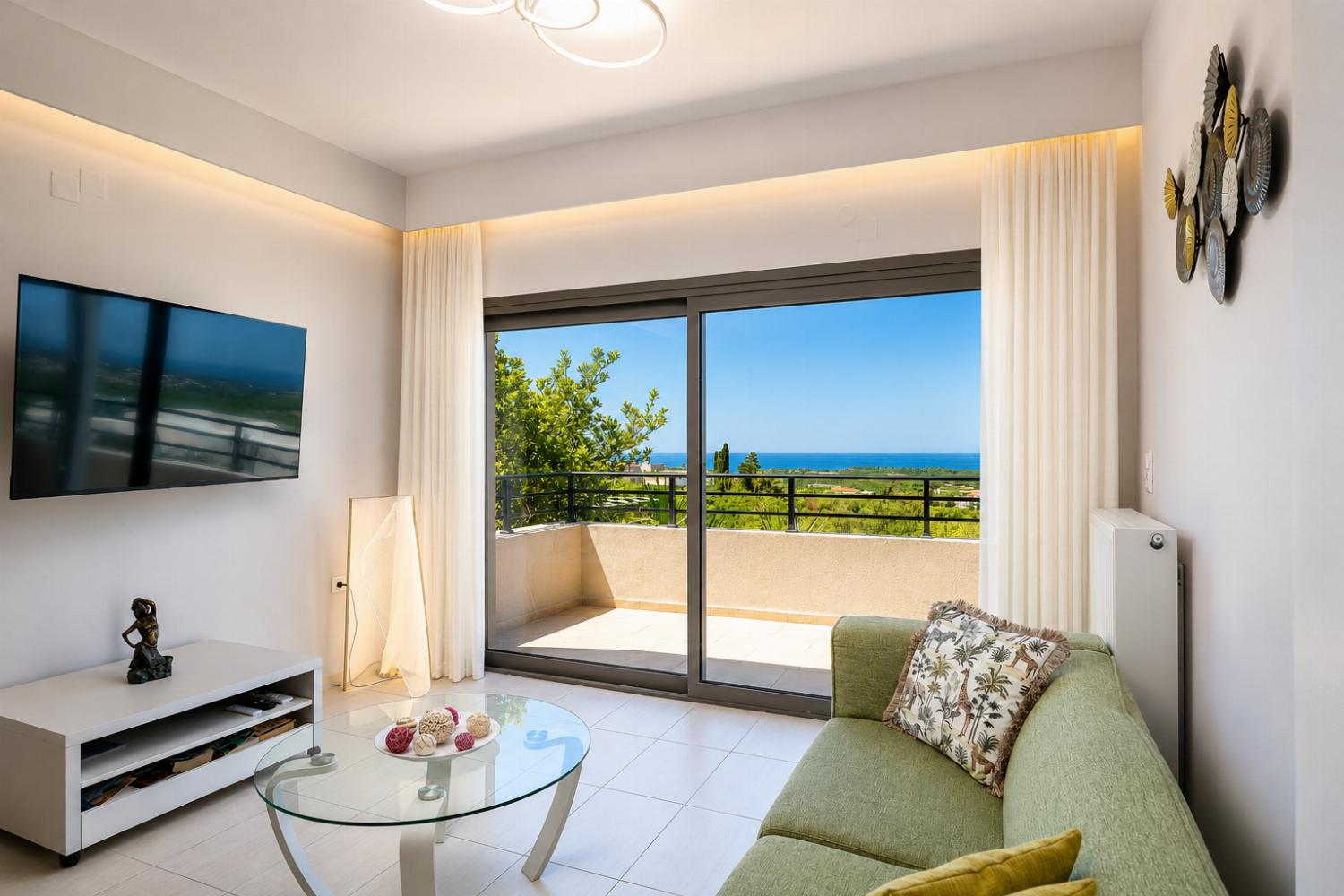 Open-plan living room with sofas, dining area, kitchen, ornamental fireplace, A/C, WiFi internet, and satellite TV