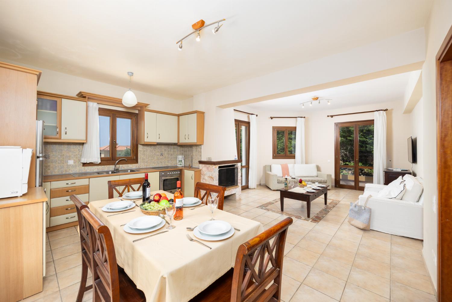 Open-plan living room with sofas, dining area, kitchen, ornamental fireplace, A/C, WiFi internet, and satellite TV
