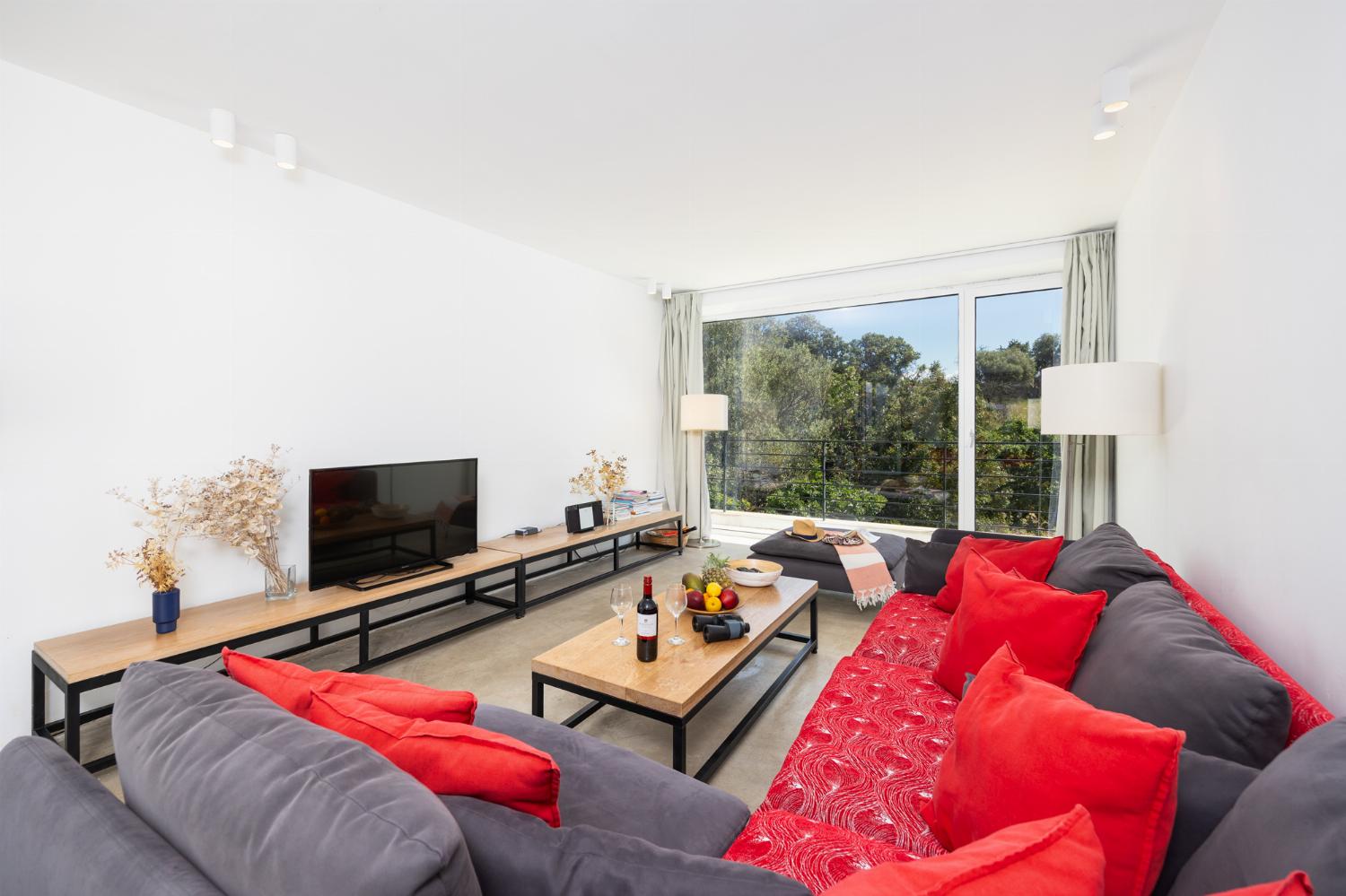 Open-plan living room with sofa, dining area, kitchen, A/C, WiFi internet, and satellite TV