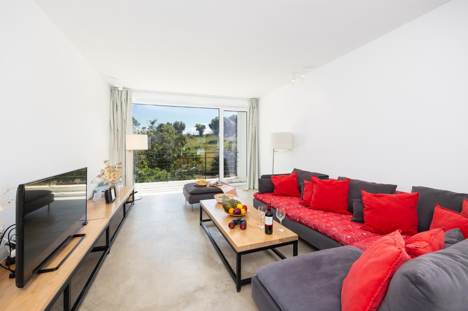 Open-plan living room with sofa, dining area, kitchen, A/C, WiFi internet, and satellite TV