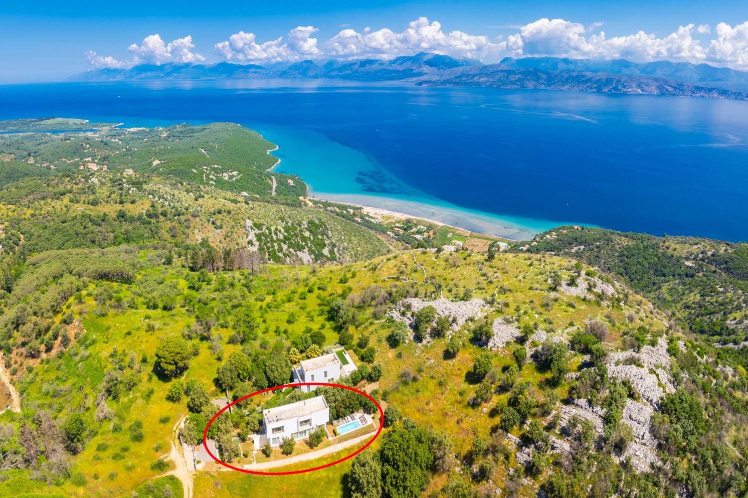 Aerial view showing location of villa