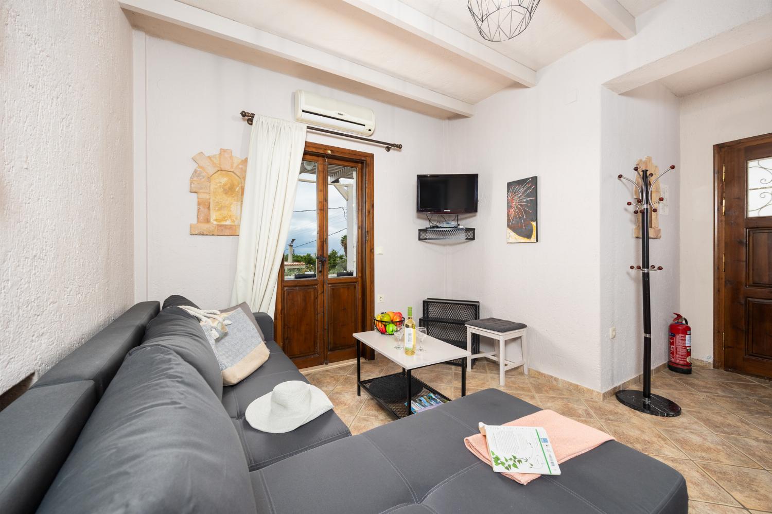 Unit 1: open-plan living room with sofa, dining area, kitchen, A/C, WiFi internet, and satellite TV