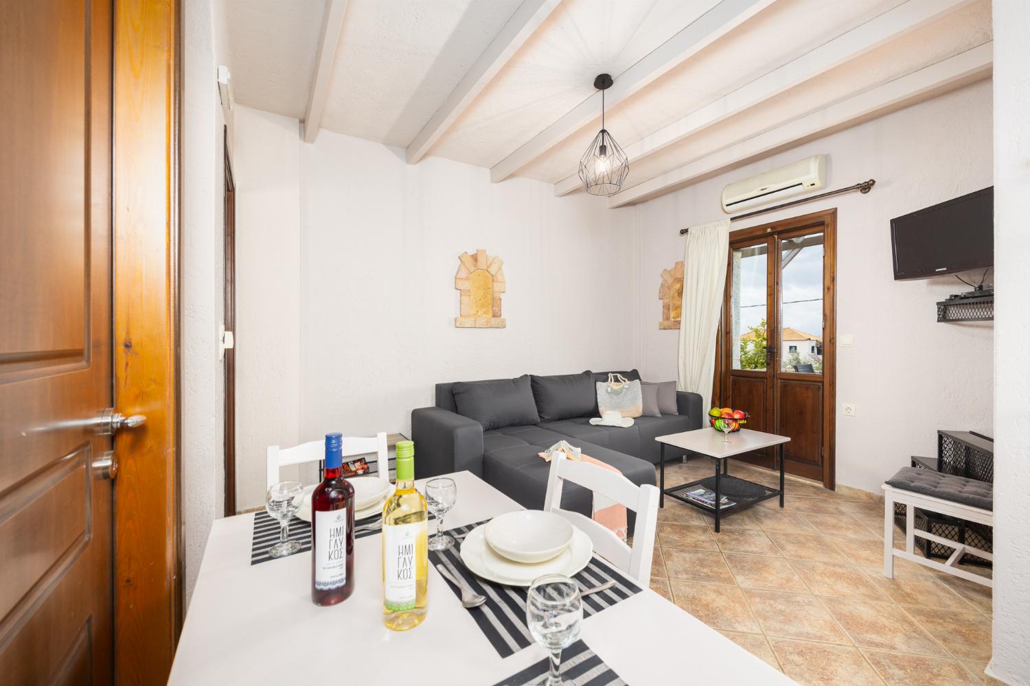 Unit 1: open-plan living room with sofa, dining area, kitchen, A/C, WiFi internet, and satellite TV