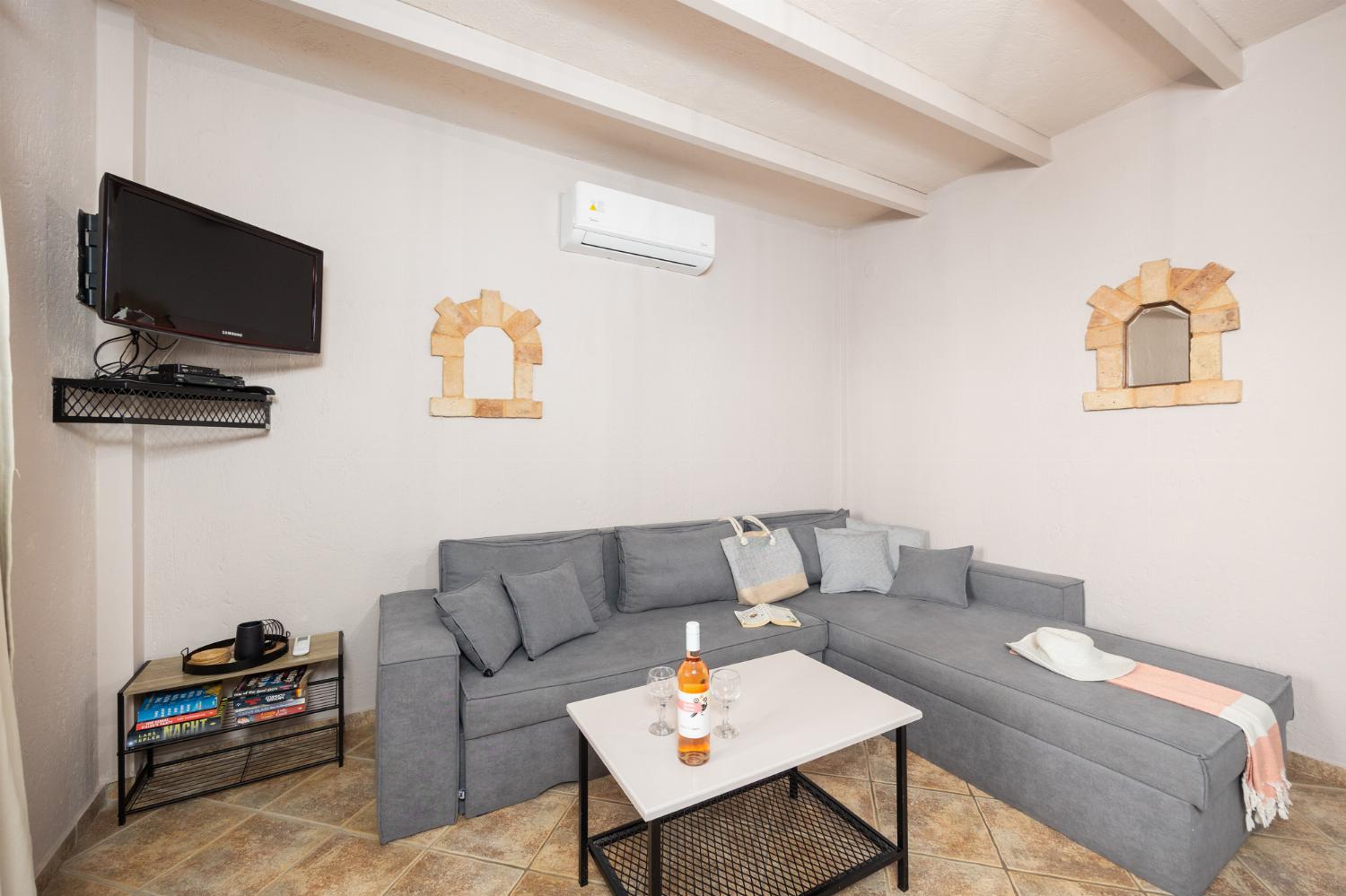 Unit 2: open-plan living room with sofa, dining area, kitchen, A/C, WiFi internet, and satellite TV