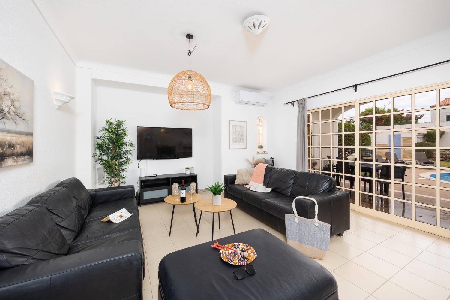 Living room with sofas, dining area, ornamental fireplace, A/C, WiFi internet, and satellite TV