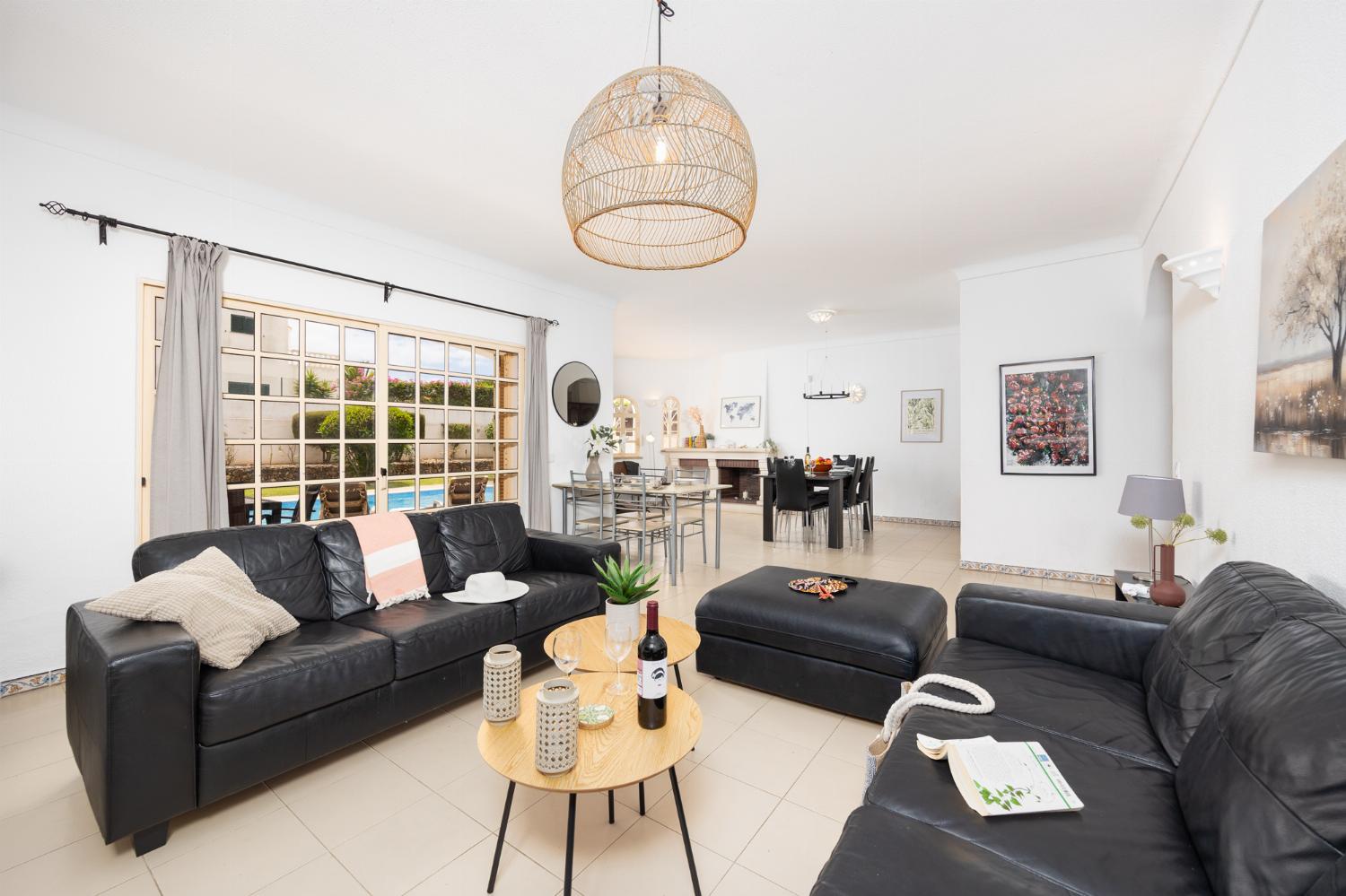 Living room with sofas, dining area, ornamental fireplace, A/C, WiFi internet, and satellite TV