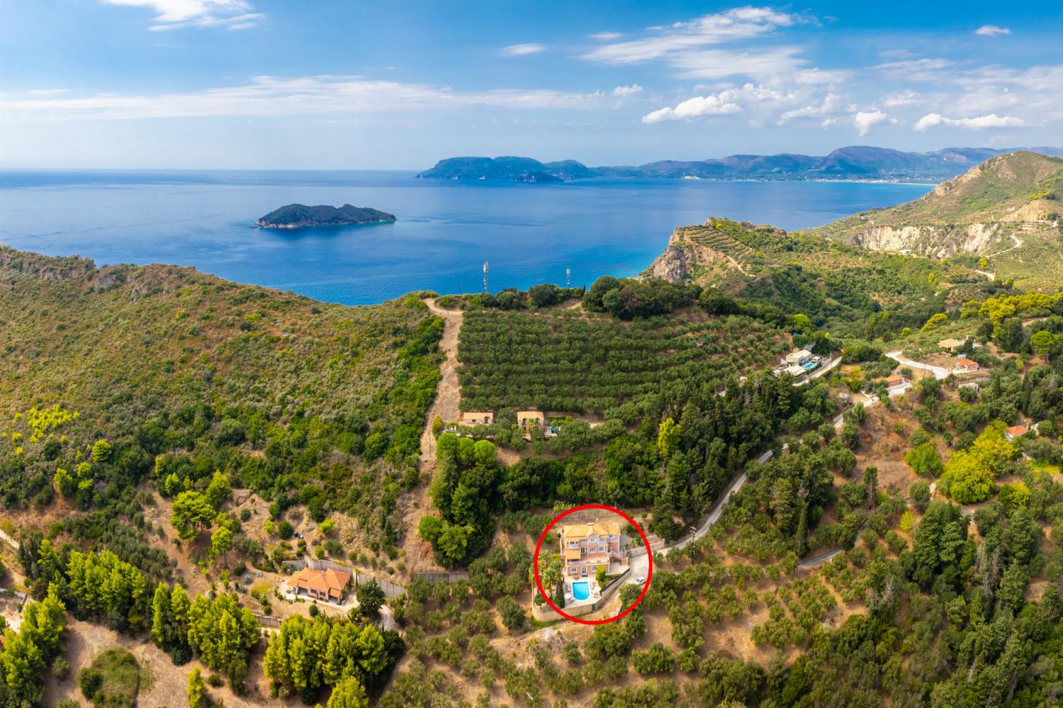 Aerial view showing location of villa