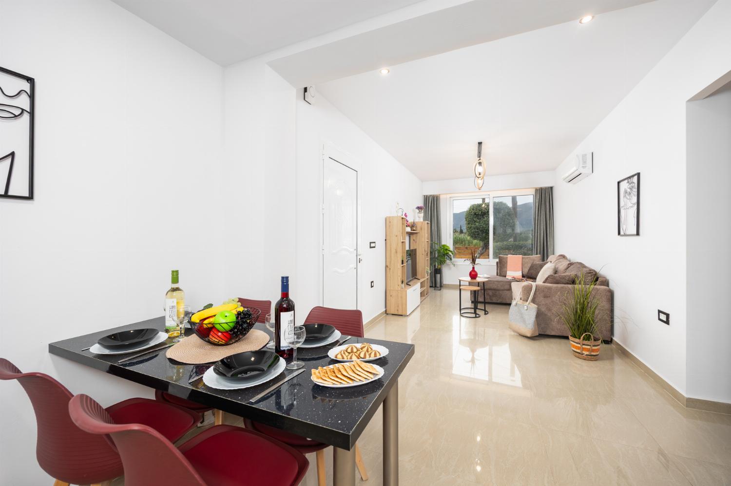 Open-plan living room with sofa, dining area, kitchen, A/C, WiFi internet, and satellite TV