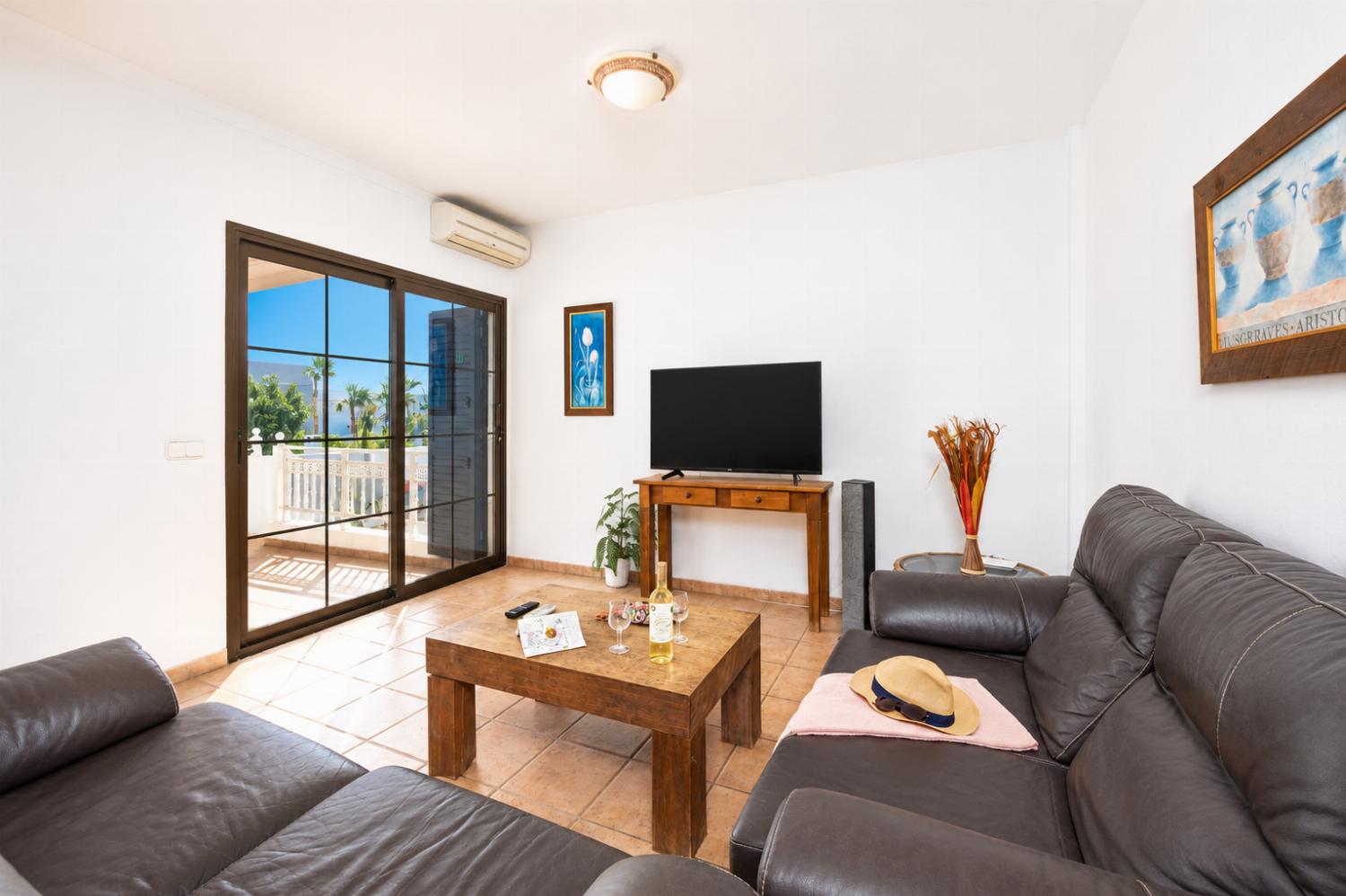Living room with sofas, dining area, A/C, WiFi internet, and satellite TV