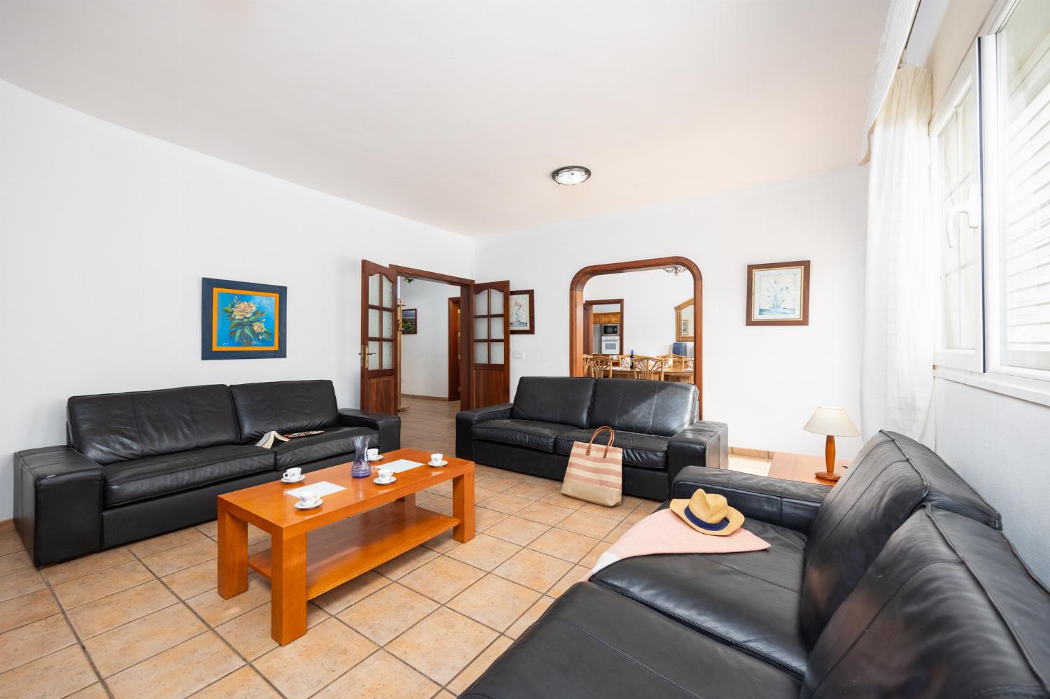 Living room with sofas, dining area, A/C, WiFi internet, and satellite TV