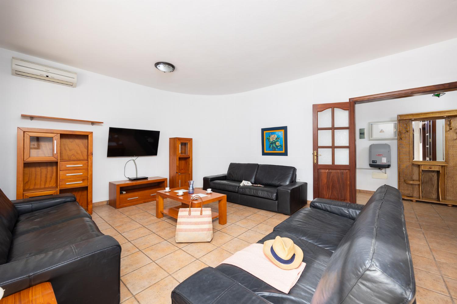 Living room with sofas, dining area, A/C, WiFi internet, and satellite TV