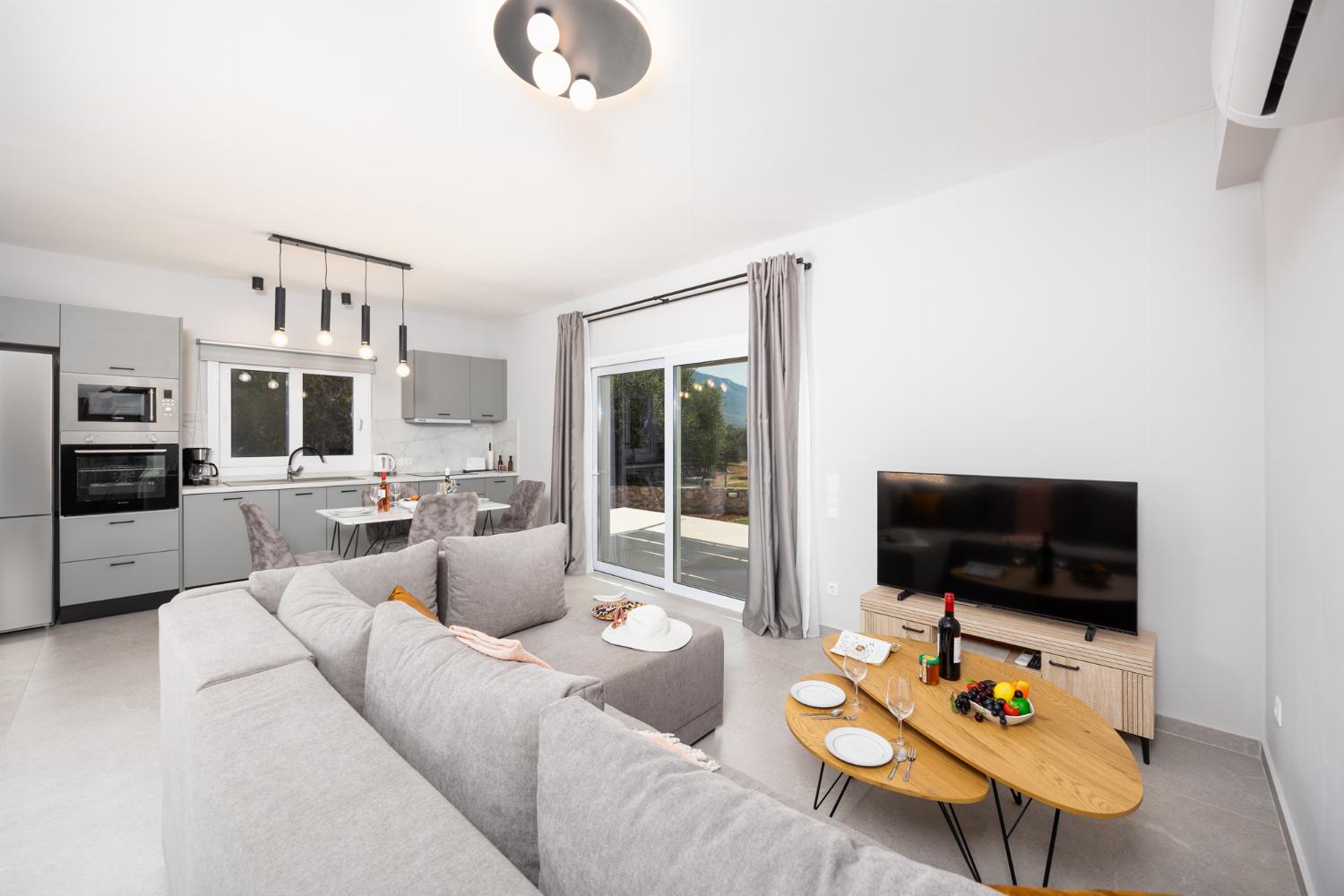 Open-plan living room with sofa, kitchen, A/C, WiFi internet, and satellite TV