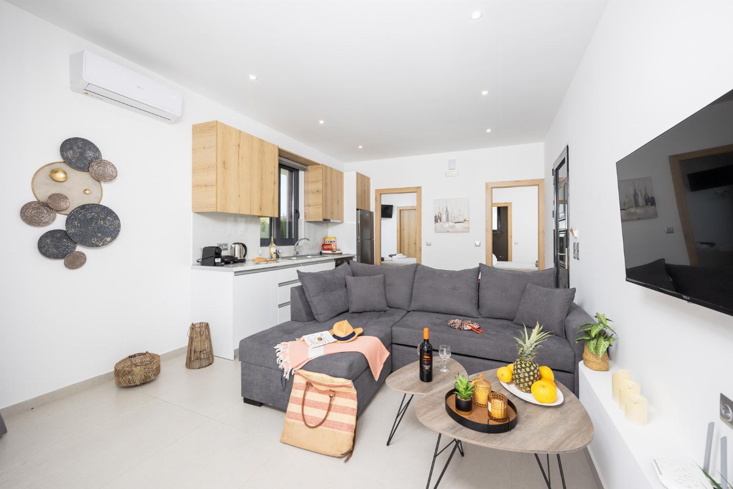 Open-plan living room with sofa, kitchen, A/C, WiFi internet, and satellite TV