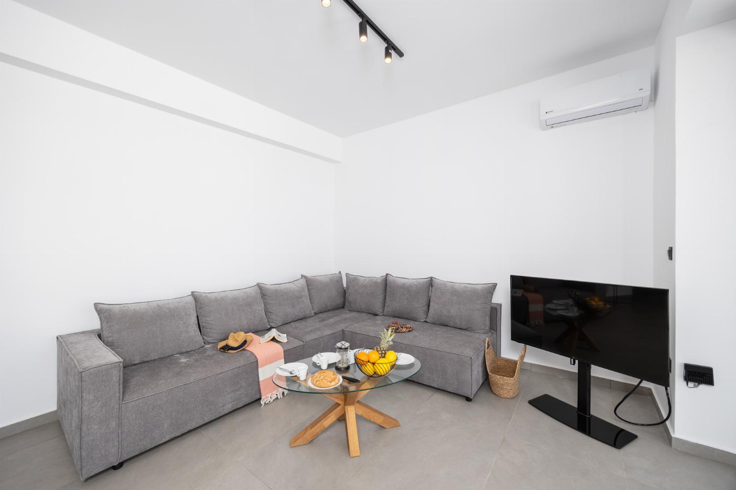 Open-plan living room with sofa, dining area, kitchen, A/C, WiFi internet, and satellite TV