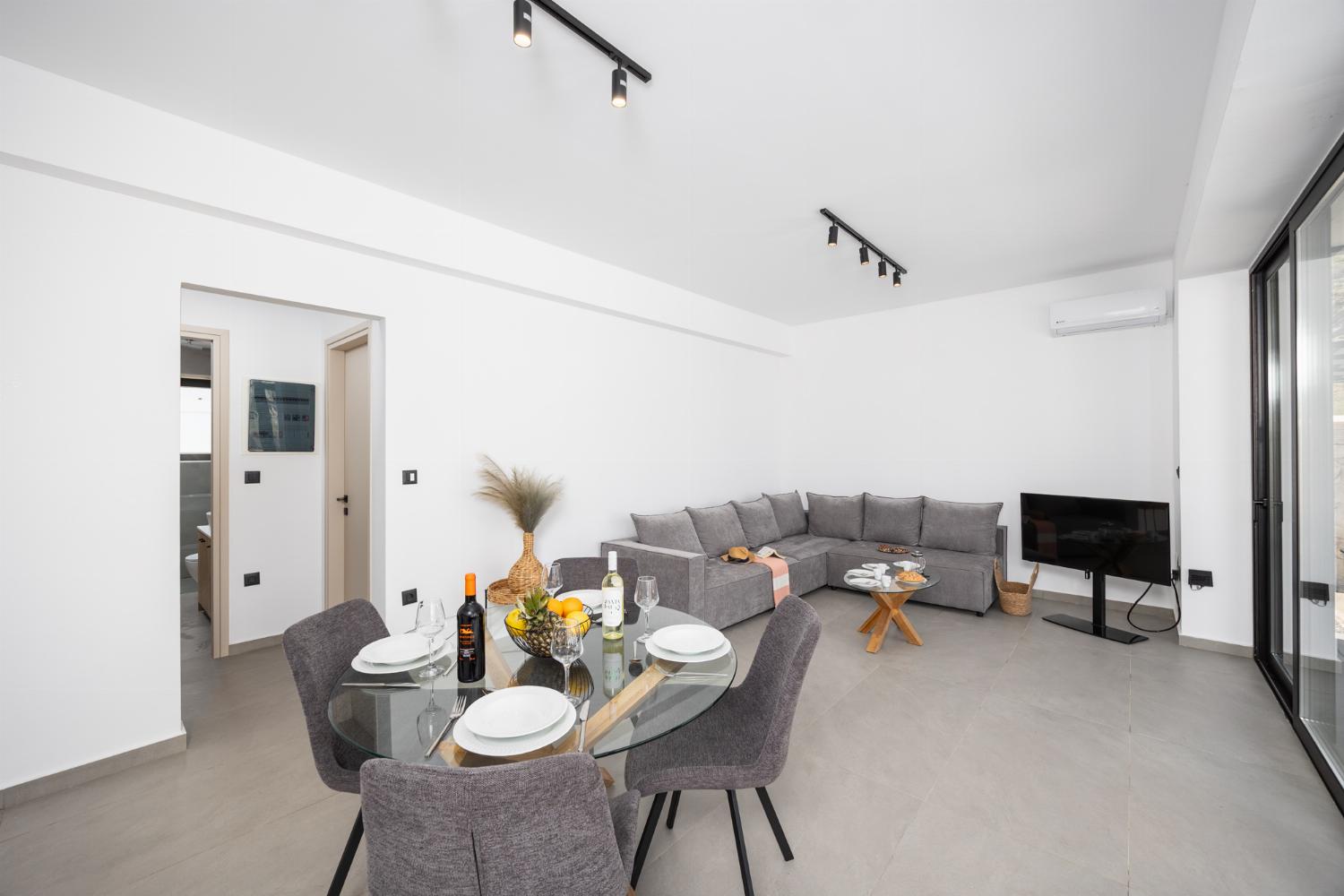 Open-plan living room with sofa, dining area, kitchen, A/C, WiFi internet, and satellite TV
