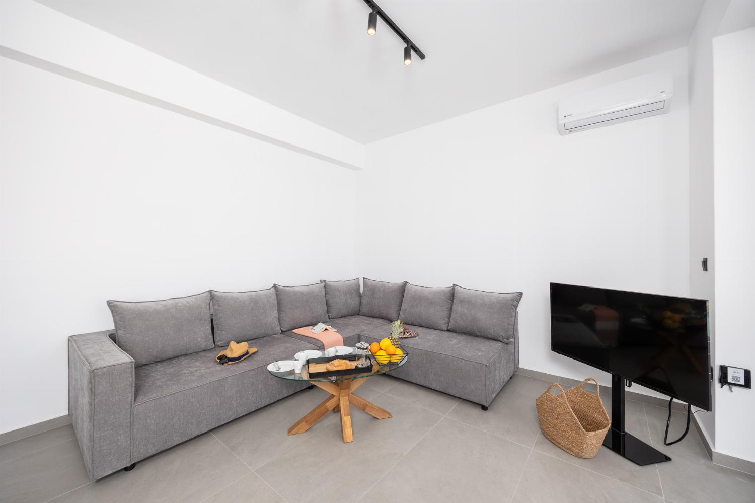 Open-plan living room with sofa, dining area, kitchen, A/C, WiFi internet, and satellite TV