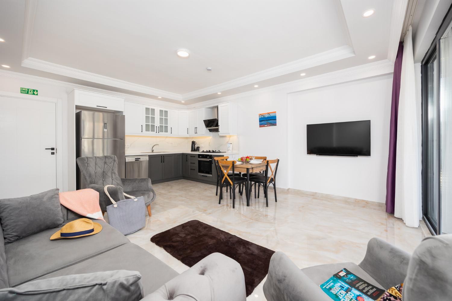 Annex: open-plan living room with sofa, dining area, kitchen, A/C, WiFi internet, and satellite TV