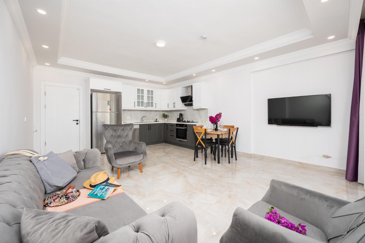Annex: open-plan living room with sofa, dining area, kitchen, A/C, WiFi internet, and satellite TV