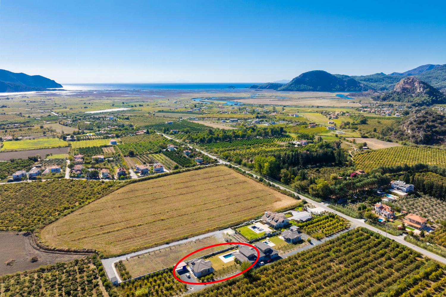 Aerial view showing location of villa
