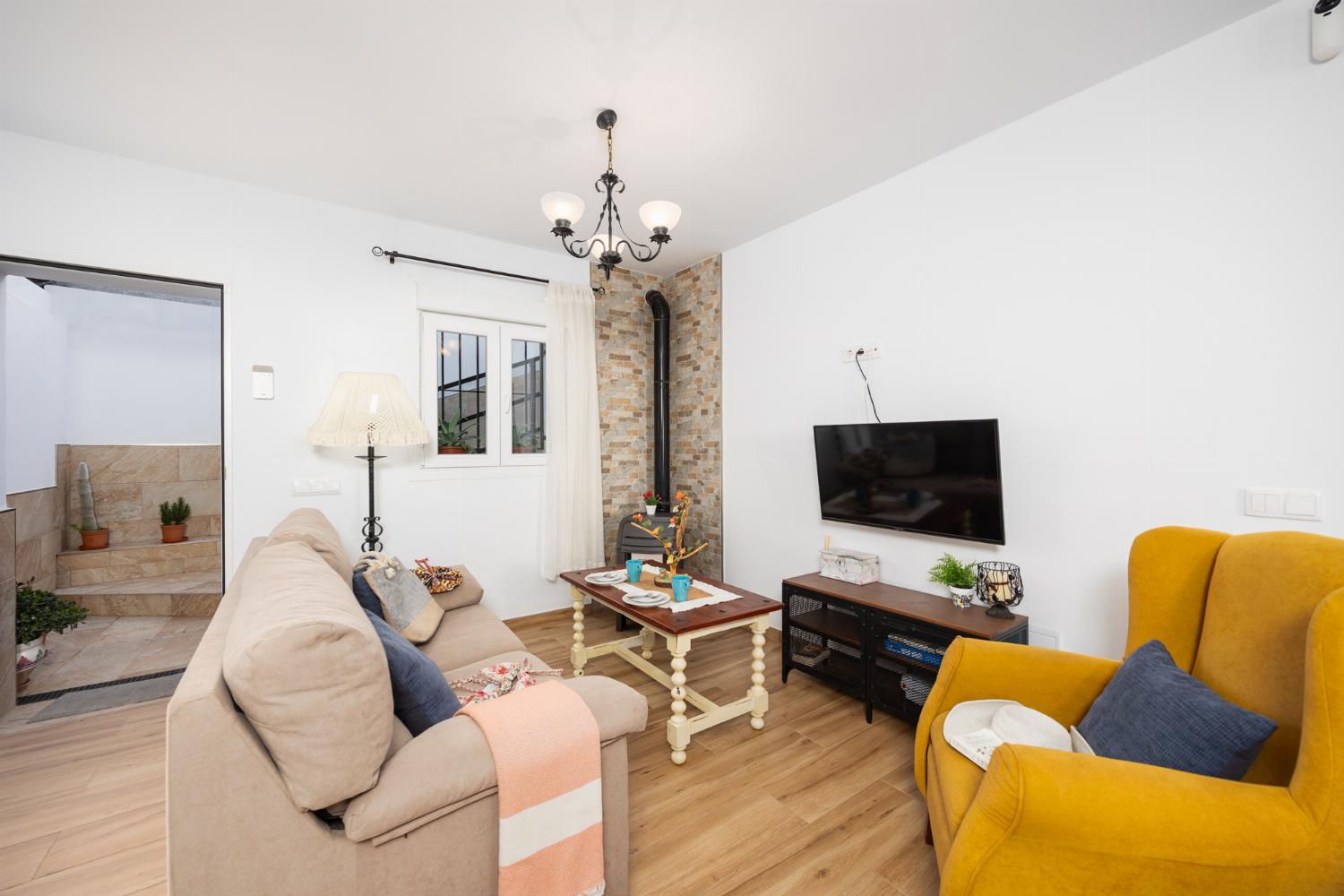 Open-plan living room with sofa, dining area, kitchen, ornamental fireplace, WiFi internet, and satellite TV