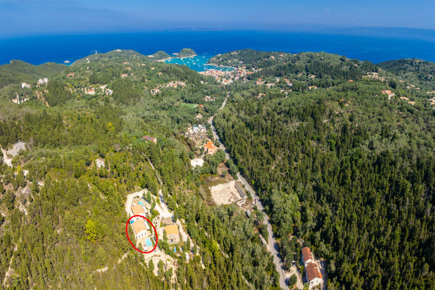 Aerial view showing location of villa